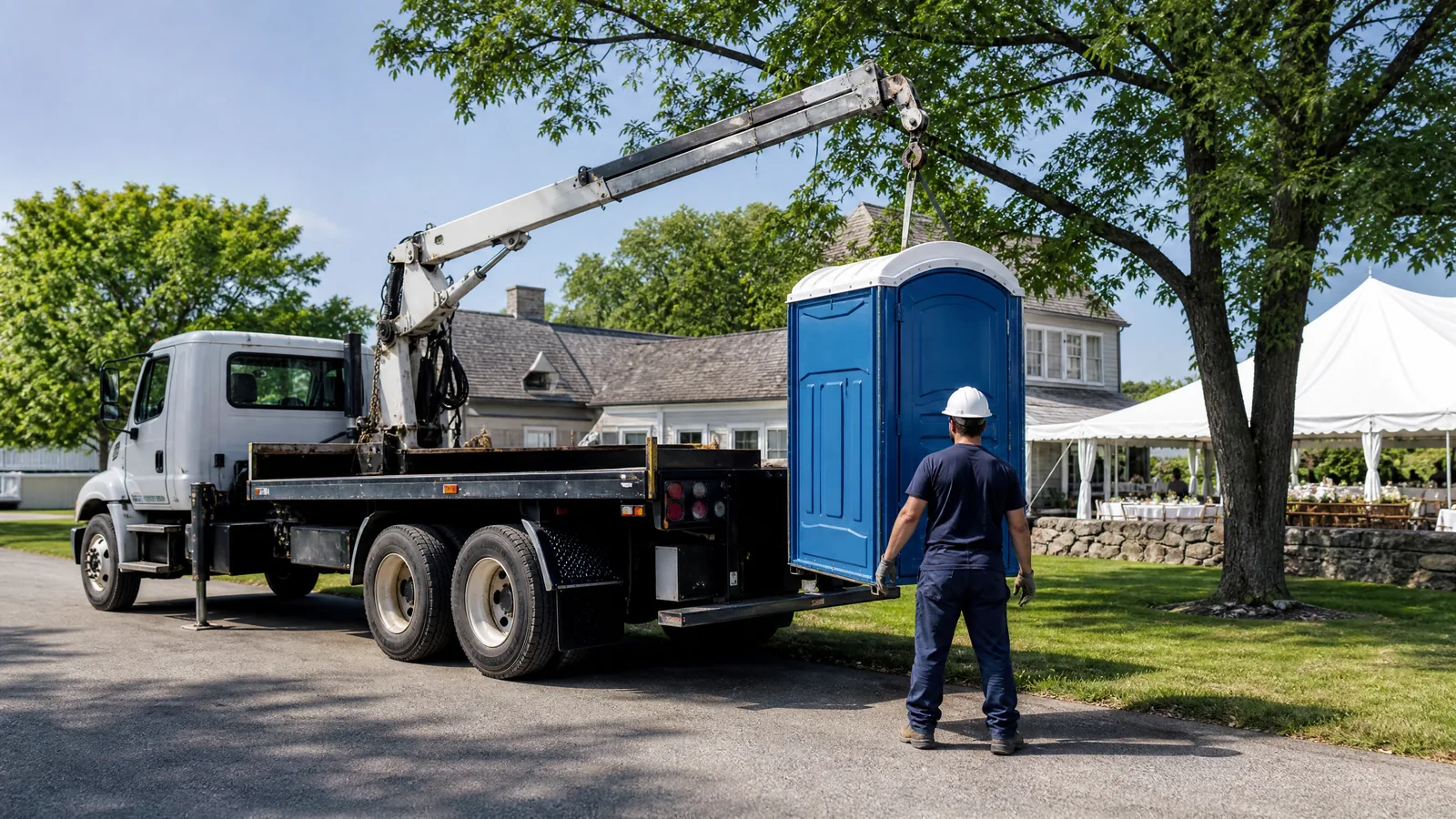 A portable restroom being carefully placed beside a private event lawn.
